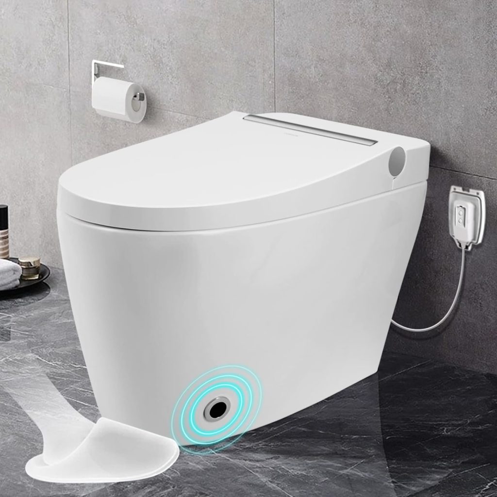 Tankless Elongated toilet with Dual Flush, Foot-Kick Lid Opening, Auto Open and Close Lid, Heated Seat