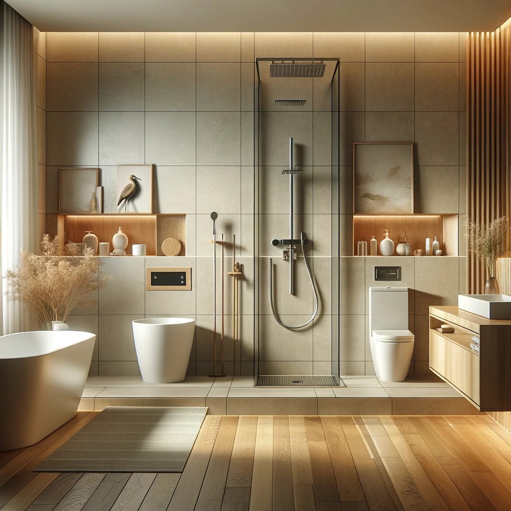 Minimalist yet luxurious bathroom design, featuring a spacious walk-in shower with a premium shower system. The bathrooms include a freestanding tub