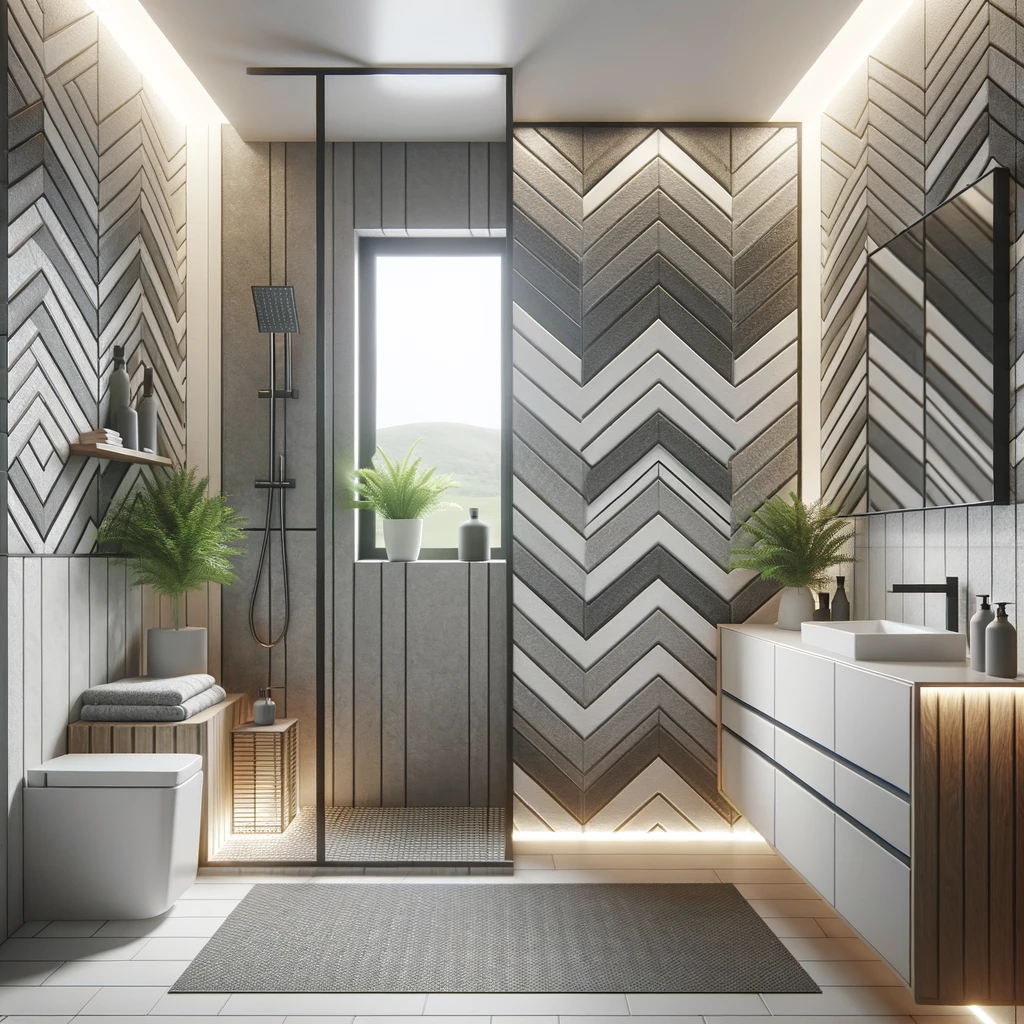 Compact bathrooms design showcasing chevron tile patterns on the shower walls, offering a dynamic and contemporary look in a minimalist setting