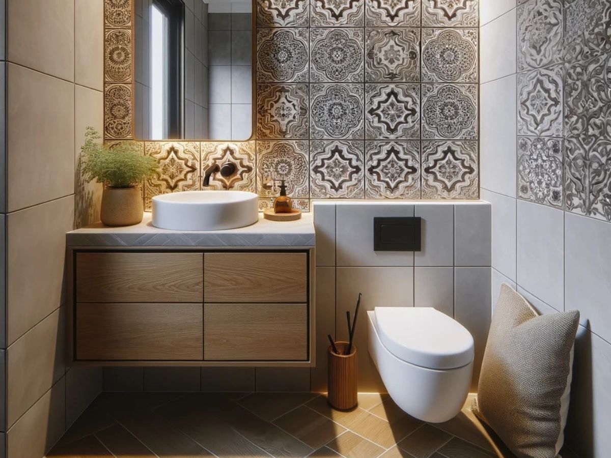 A small, modern bathroom featuring arabesque tile patterns on the backsplash, providing a unique and stylish look in a compact space