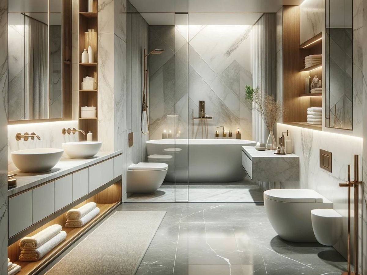 A luxurious modern bathroom with a freestanding bathtub, a walk-in shower with a minimalist frameless glass door, his-and-hers vessel sinks on a marble