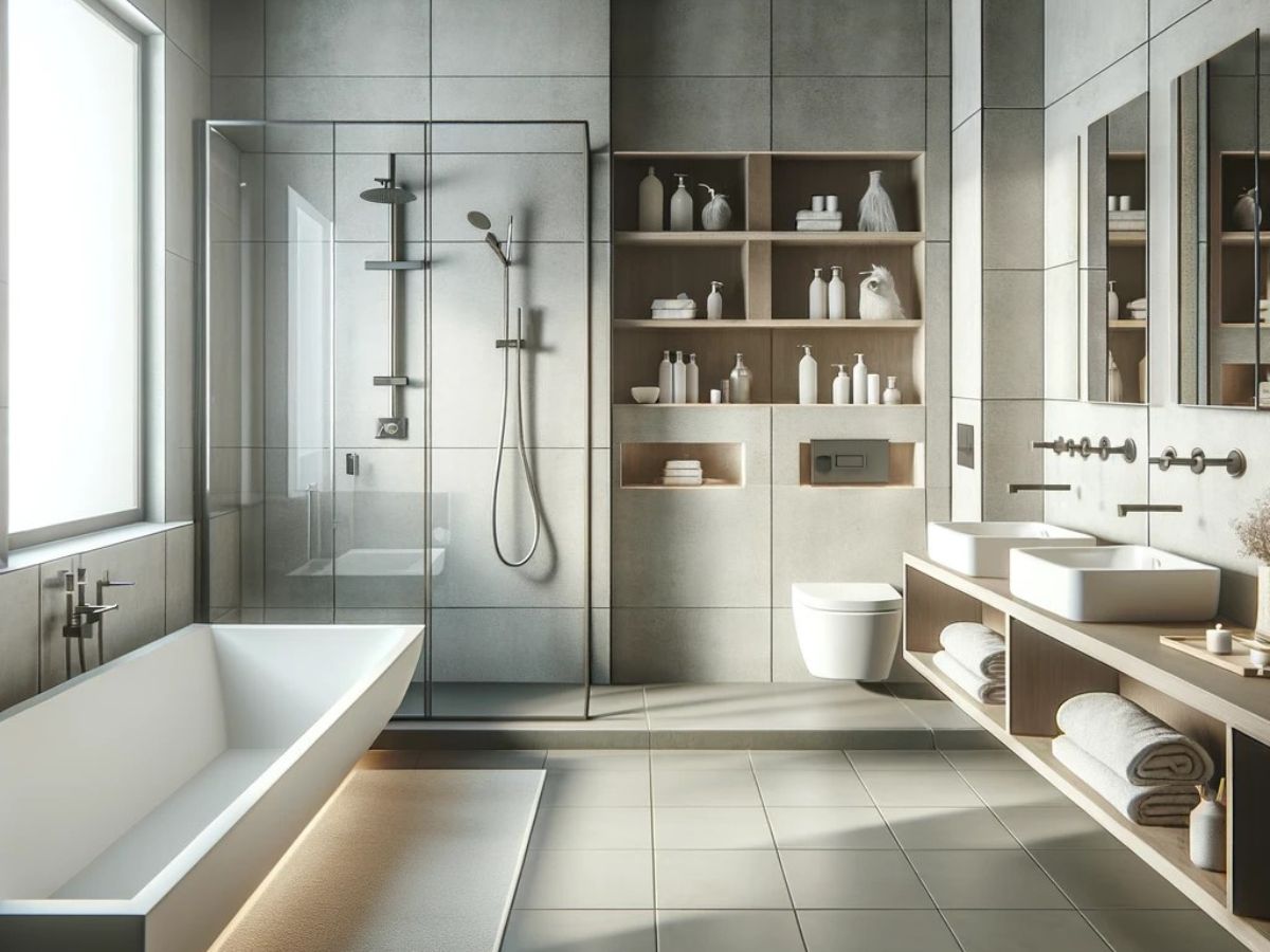A complete modern and minimalist bathroom featuring a bathtub, a separate shower area with glass enclosure, dual sinks with sleek faucets, and a wall-