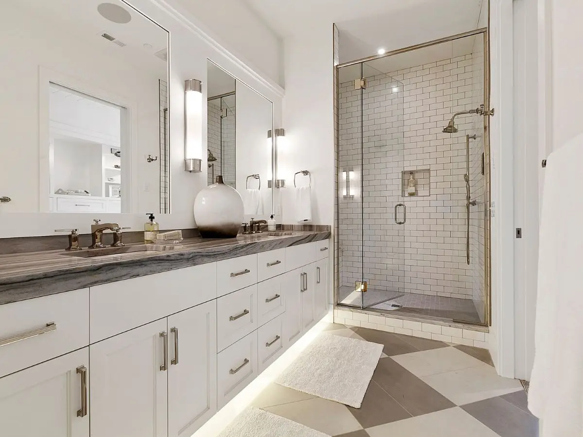 Medium Modern Transitional Remodeled Bathroom with Undermounted sinks and walk-in shower